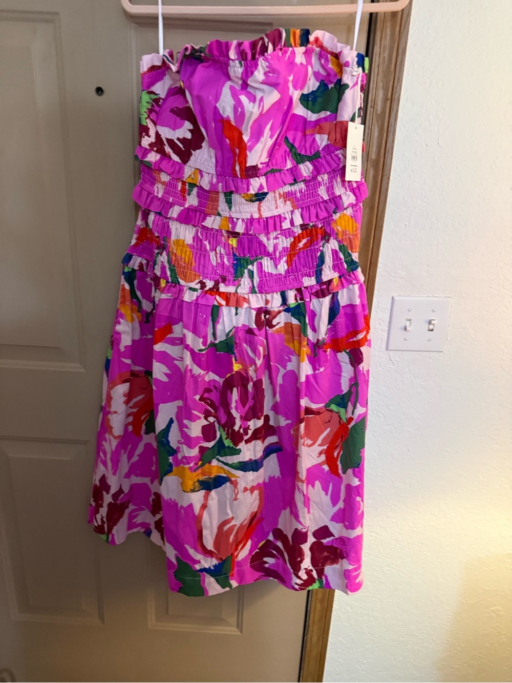 Strapless Pink Floral Summer Dress with Smocked Bodice